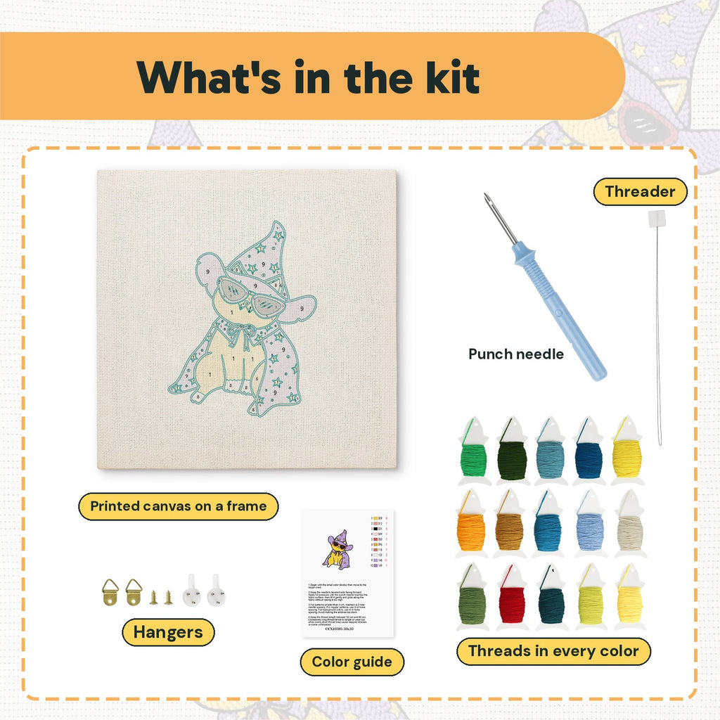 What is in the Cool Wizard Cat kit: printed canvas, punch needle, threader, threads, color guide and hangers