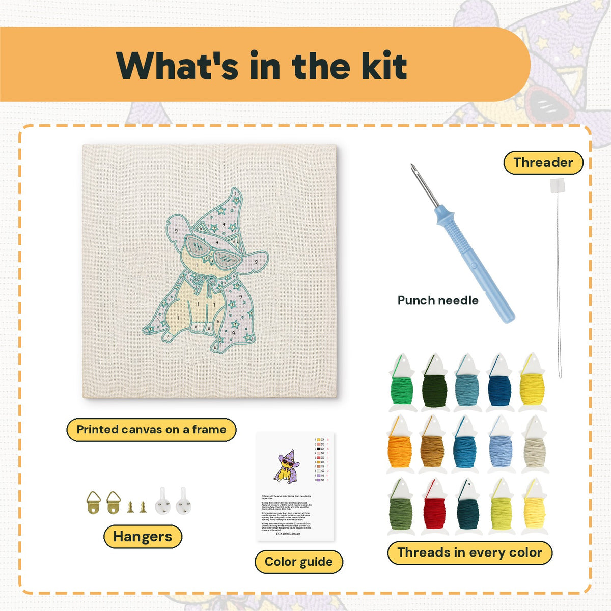 What is in the Cool Wizard Cat kit: printed canvas, punch needle, threader, threads, color guide and hangers