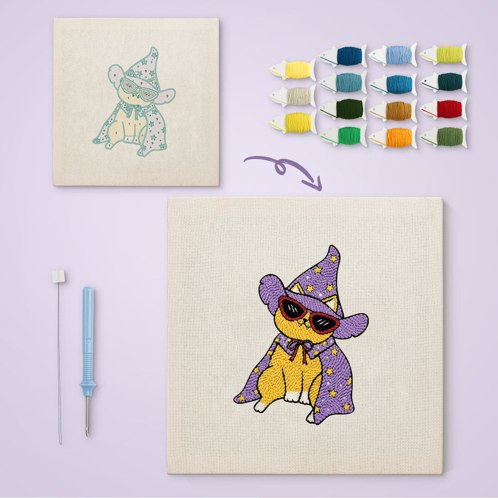 Cool Wizard Cat canvas before and after punching, with the threads and tools