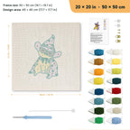 Cool Wizard Cat punch needle kit, 20 × 20 in (50 × 50 cm): canvas size and kit contents