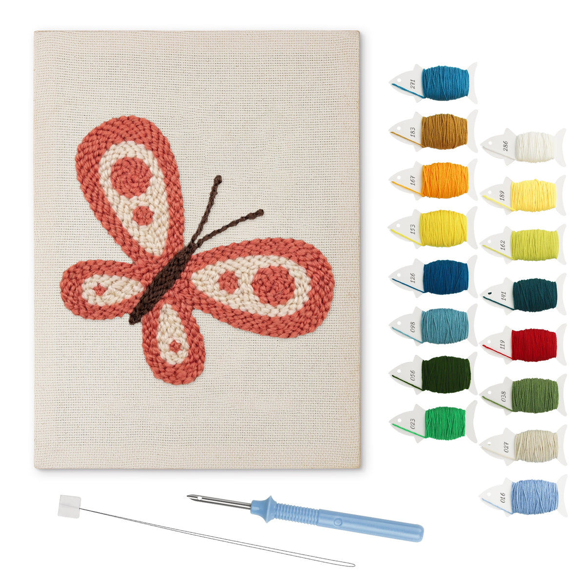 Coral Butterfly punch needle kit: finished canvas with threads, punch needle and threader