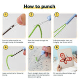Six steps showing how to thread and use the punch needle