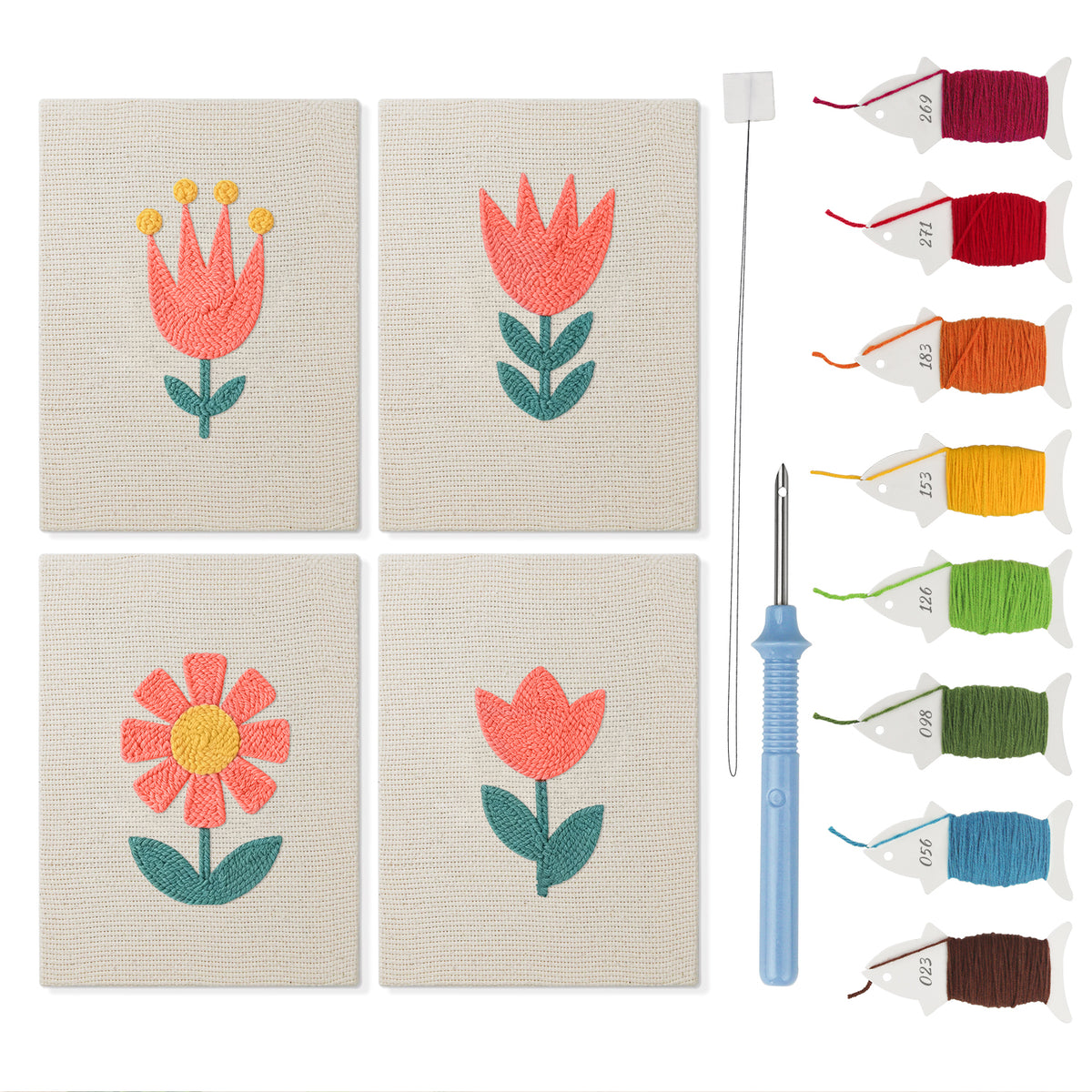 Coral Spring Blooms mini punch needle kit set: four finished canvases with threads, punch needle and threader