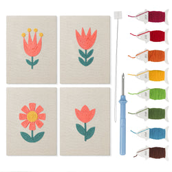 Coral Spring Blooms mini punch needle kit set: four finished canvases with threads, punch needle and threader