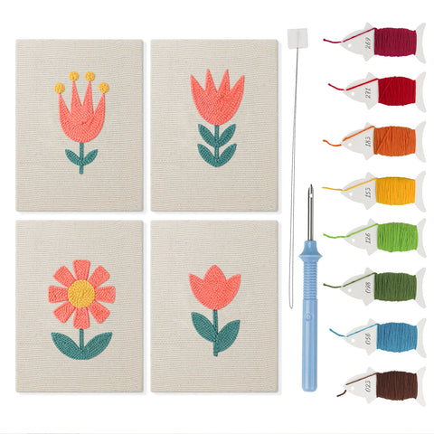 Coral Spring Blooms mini punch needle kit set: four finished canvases with threads, punch needle and threader