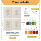 What is in the Coral Spring Blooms set: 4 printed canvases, punch needle, threader, threads, color guide and 4 sets of hangers (6 × 8 in (15 × 20 cm) each)