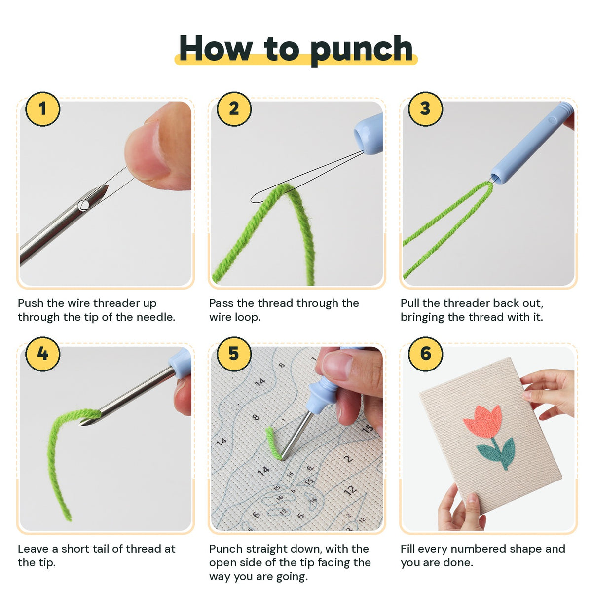 Six steps showing how to thread and use the punch needle