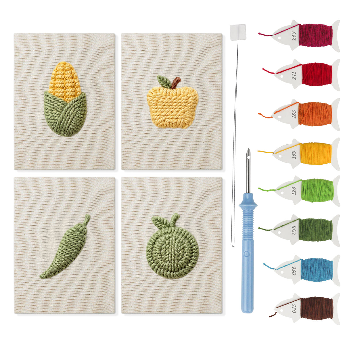 Corn and Cabbage mini punch needle kit set: four finished canvases with threads, punch needle and threader
