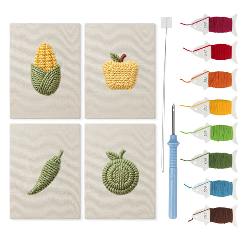 Corn and Cabbage mini punch needle kit set: four finished canvases with threads, punch needle and threader
