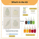 What is in the Corn and Cabbage set, 8 × 12 in (20 × 30 cm) each: 4 printed canvases, punch needle, threader, threads, color guide and 4 sets of hangers