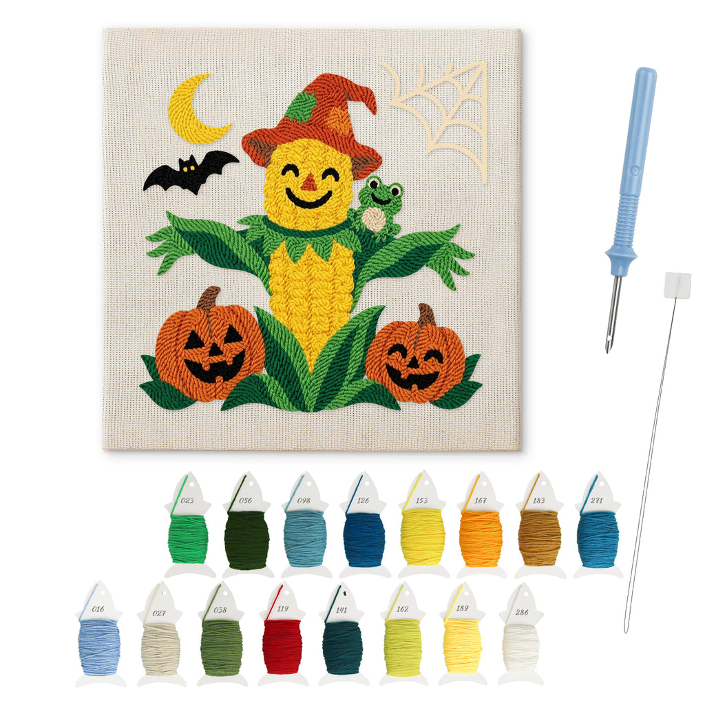 Corn Cob Scarecrow punch needle kit: finished canvas with threads, punch needle and threader