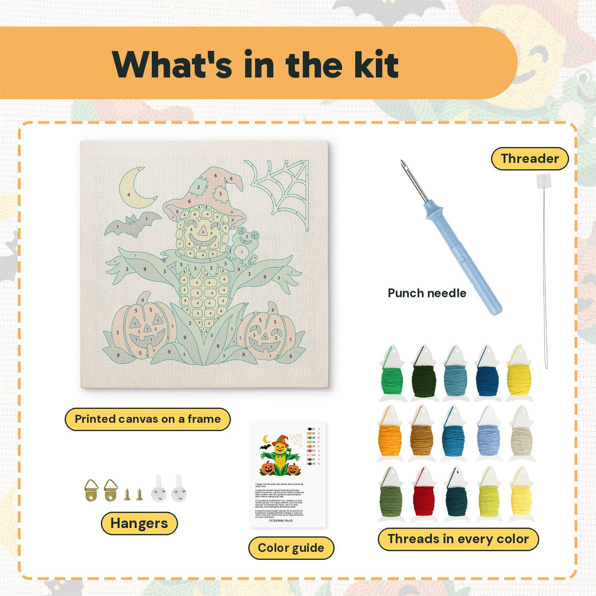 What is in the Corn Cob Scarecrow kit: printed canvas, punch needle, threader, threads, color guide and hangers