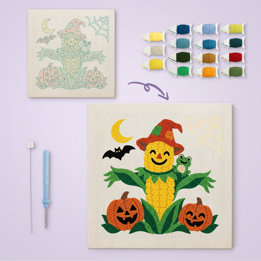 Corn Cob Scarecrow canvas before and after punching, with the threads and tools