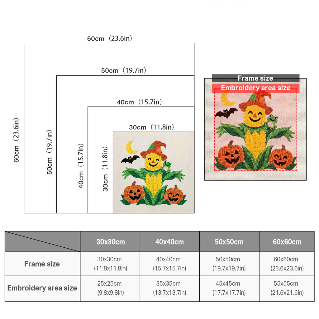 Size chart for square punch needle kits from 30 x 30 cm to 60 x 60 cm