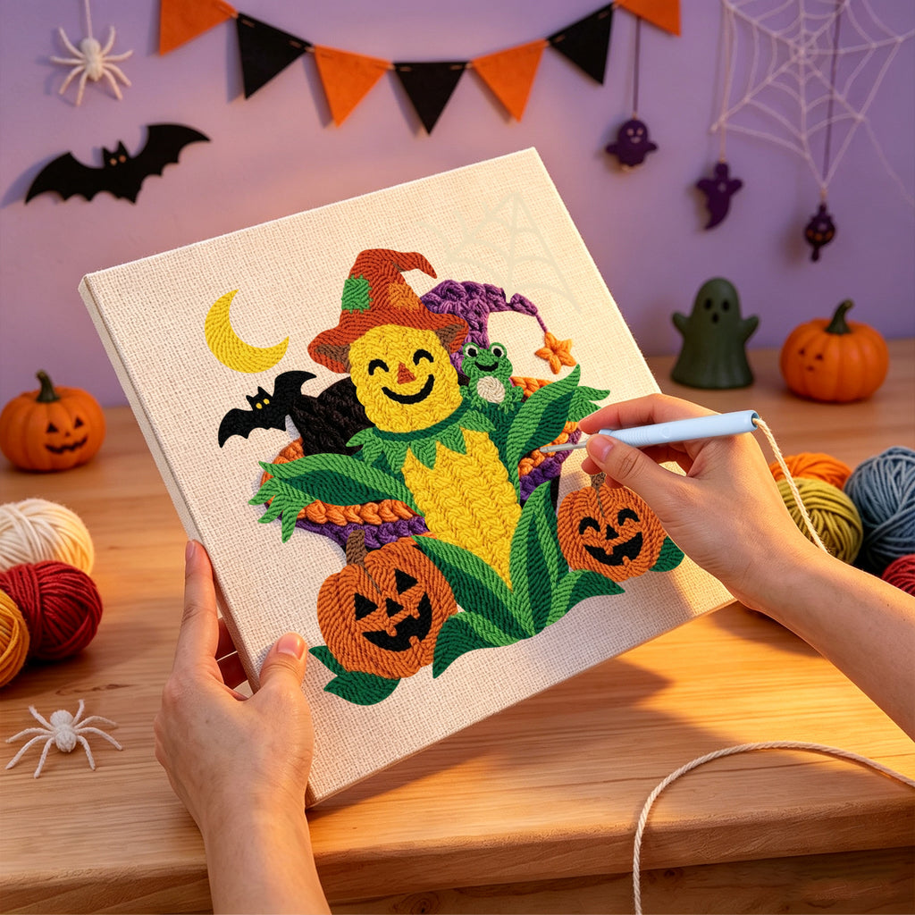 Punching the Corn Cob Scarecrow design with the punch needle