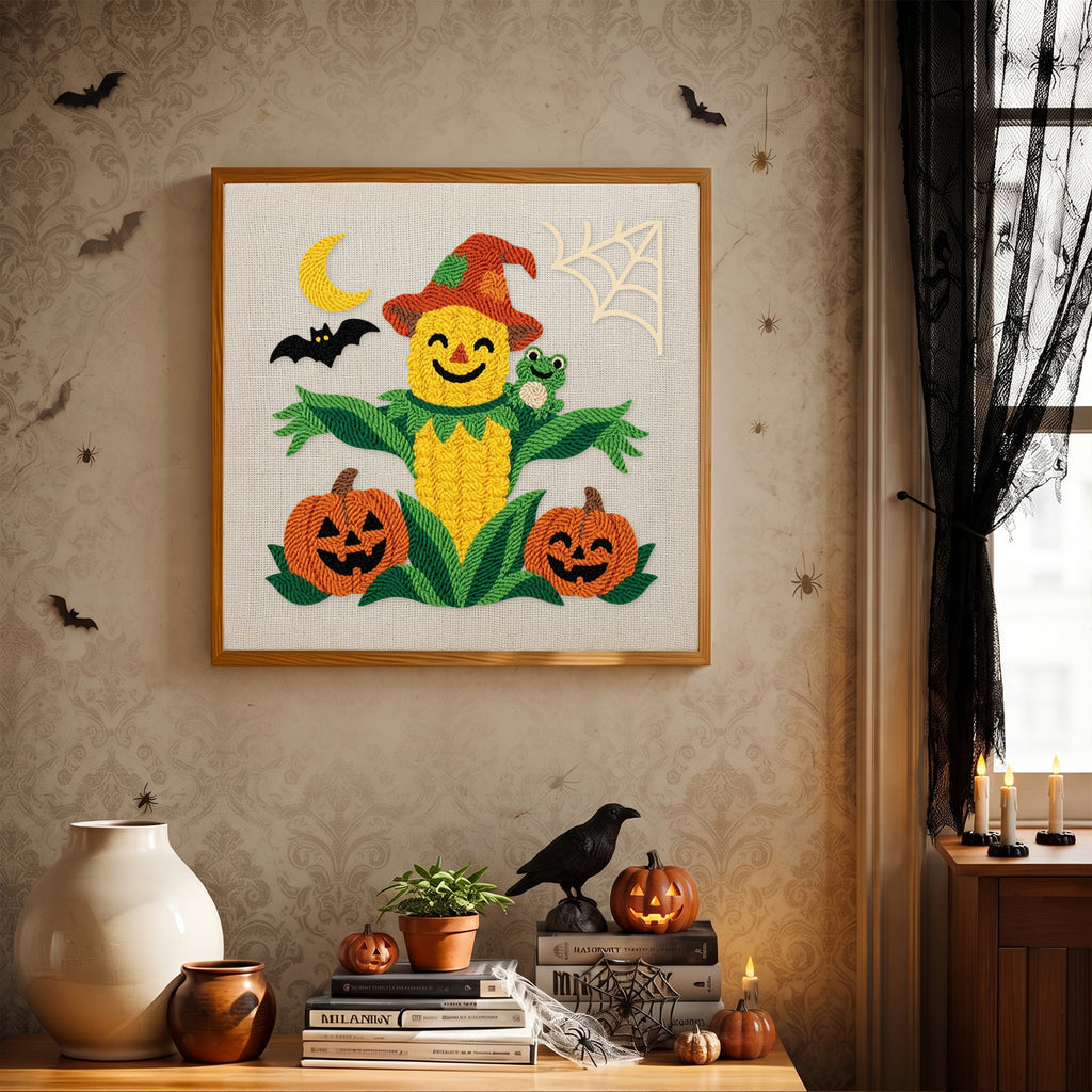 Finished Corn Cob Scarecrow punch needle canvas on a wall