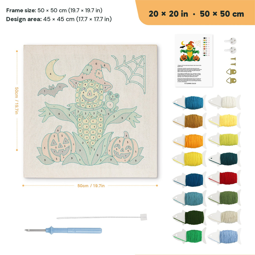 Corn Cob Scarecrow punch needle kit, 20 × 20 in (50 × 50 cm): canvas size and kit contents