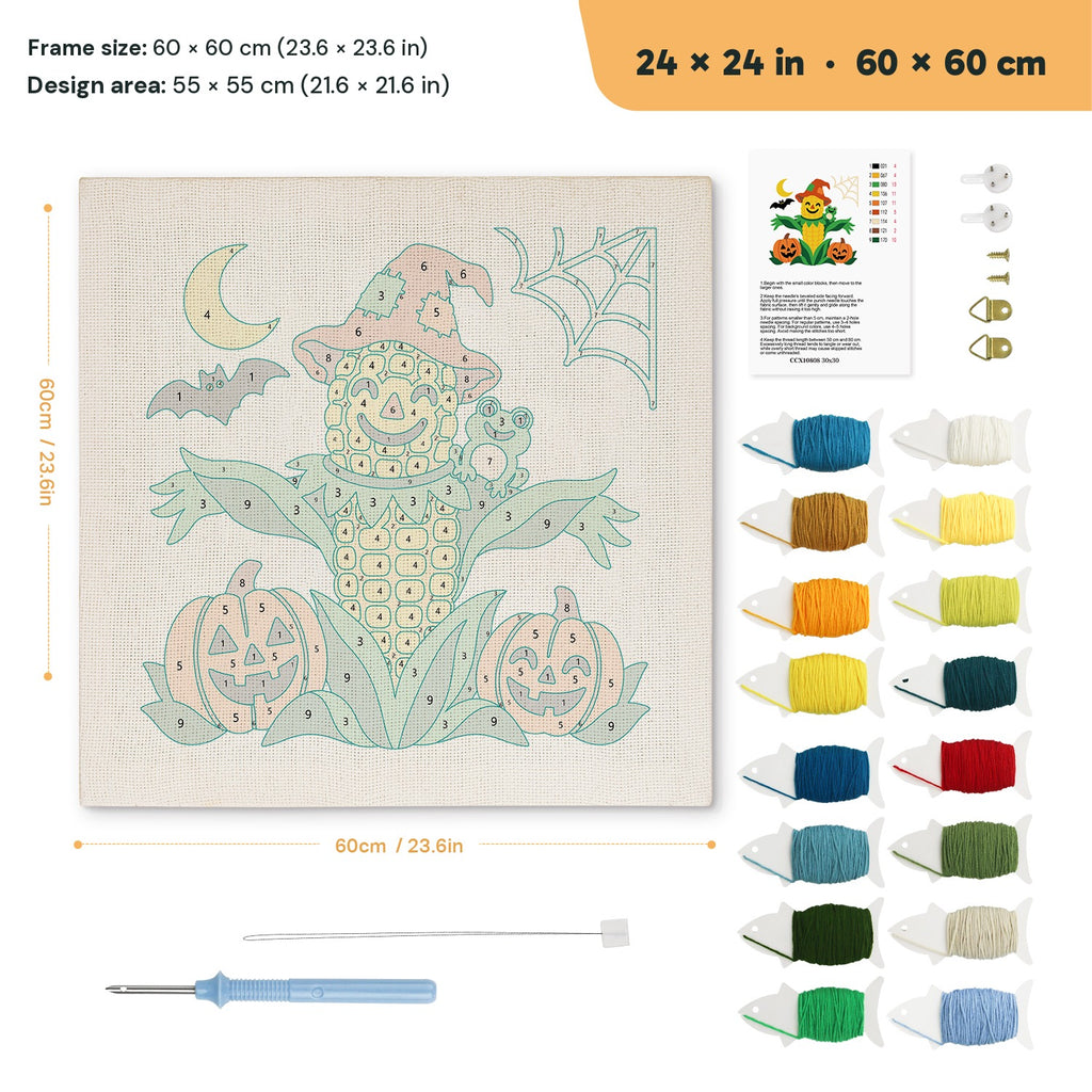 Corn Cob Scarecrow punch needle kit, 24 × 24 in (60 × 60 cm): canvas size and kit contents