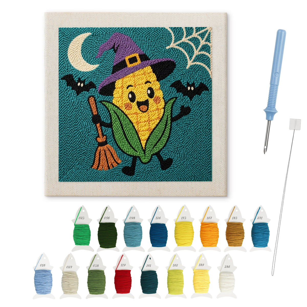 Corn Cob Witch punch needle kit: finished canvas with threads, punch needle and threader