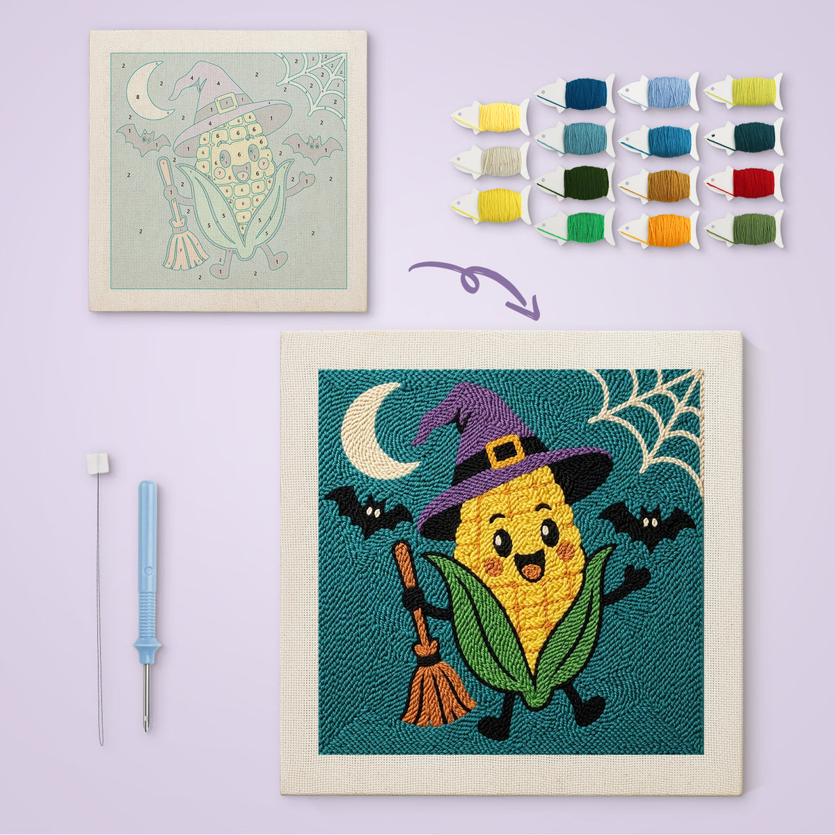 Corn Cob Witch canvas before and after punching, with the threads and tools