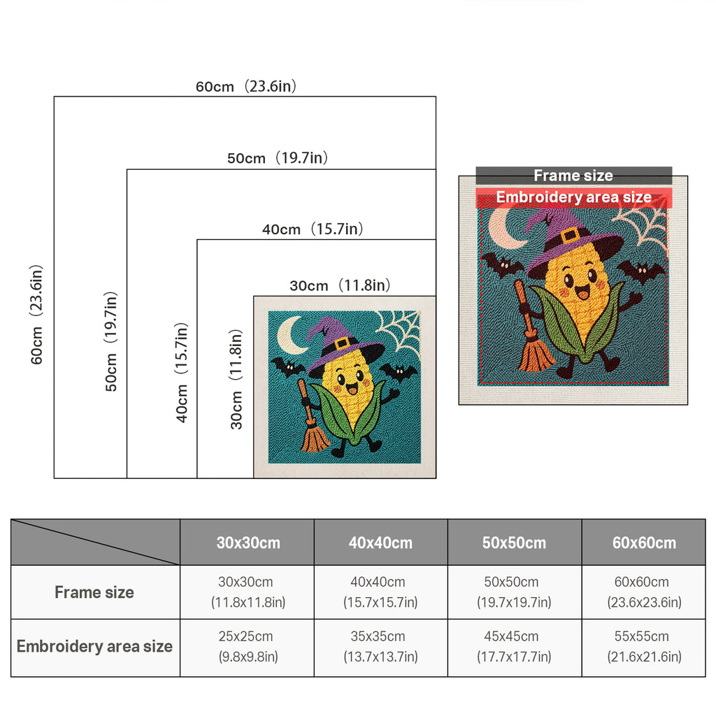 Size chart for square punch needle kits from 30 x 30 cm to 60 x 60 cm