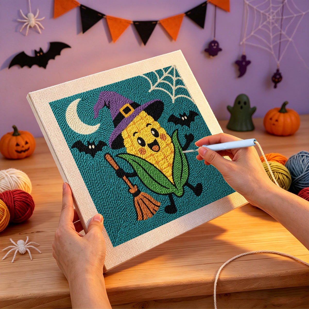 Punching the Corn Cob Witch design with the punch needle