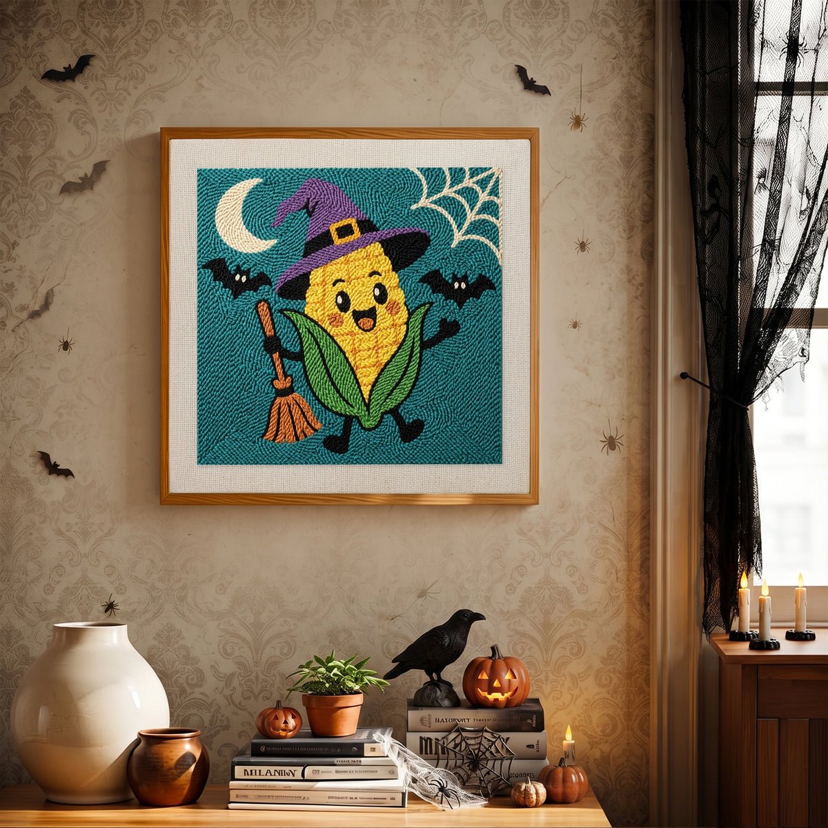 Finished Corn Cob Witch punch needle canvas on a wall
