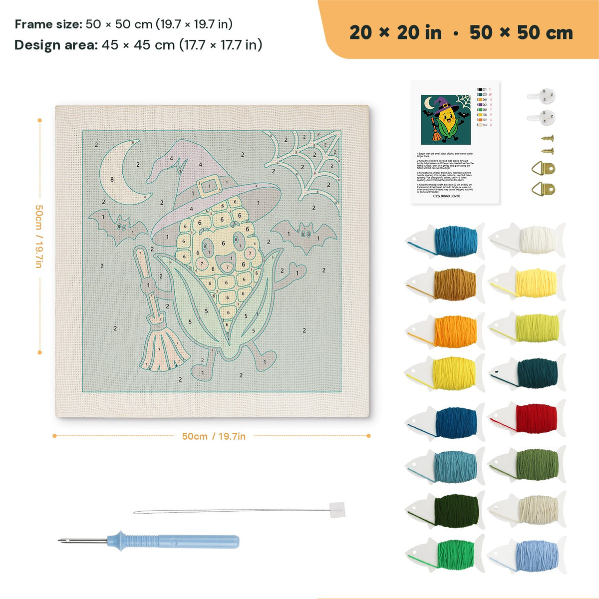 Corn Cob Witch punch needle kit, 20 × 20 in (50 × 50 cm): canvas size and kit contents
