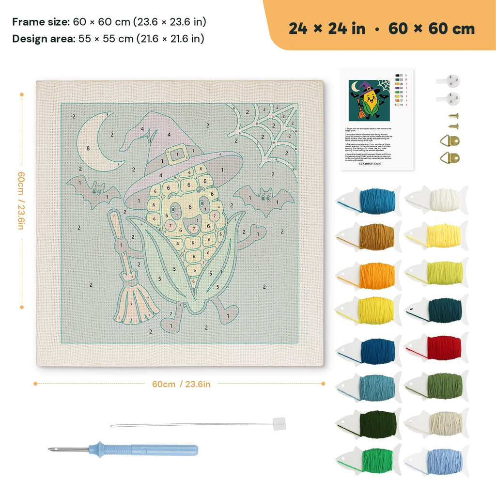 Corn Cob Witch punch needle kit, 24 × 24 in (60 × 60 cm): canvas size and kit contents