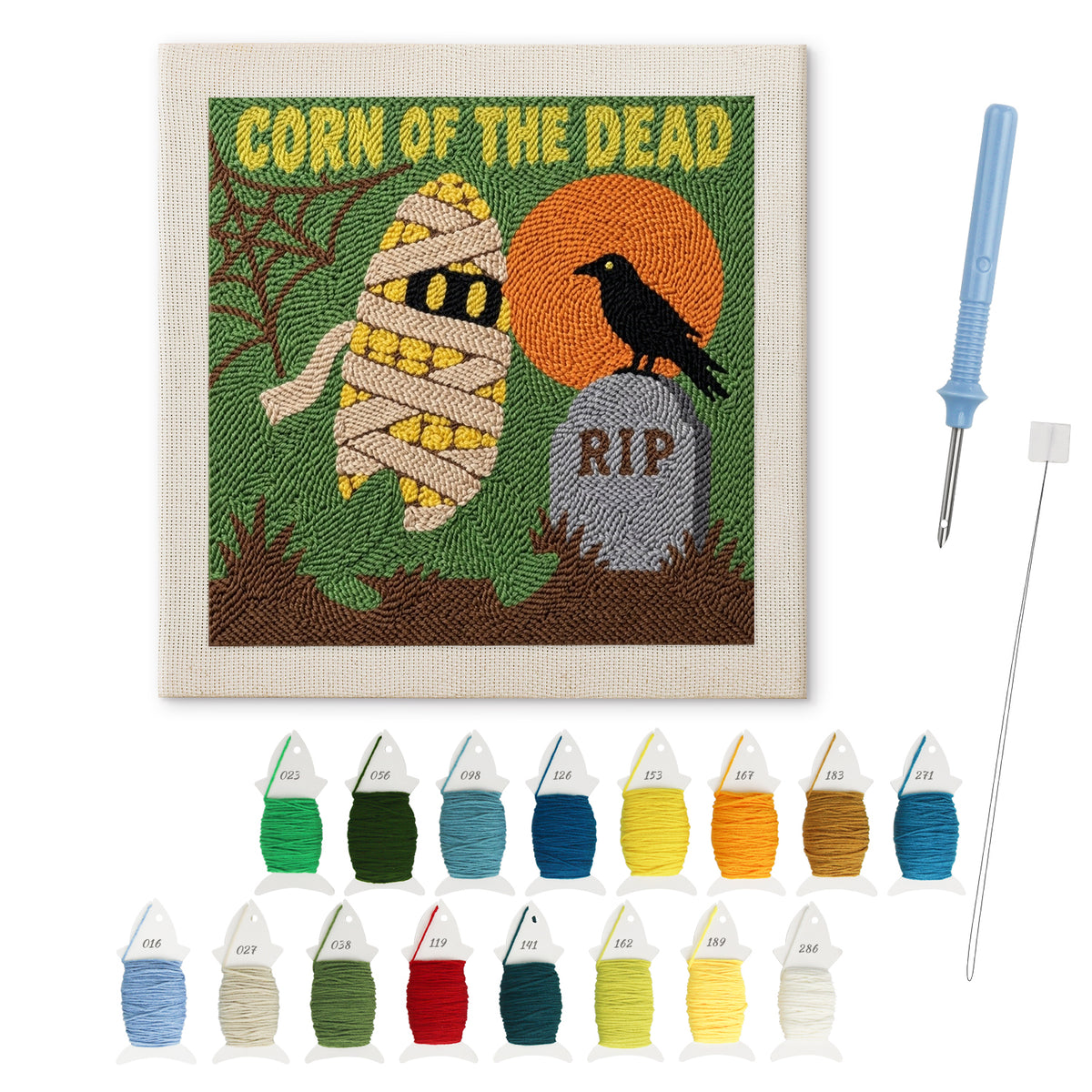 Corn of the Dead punch needle kit: finished canvas with threads, punch needle and threader