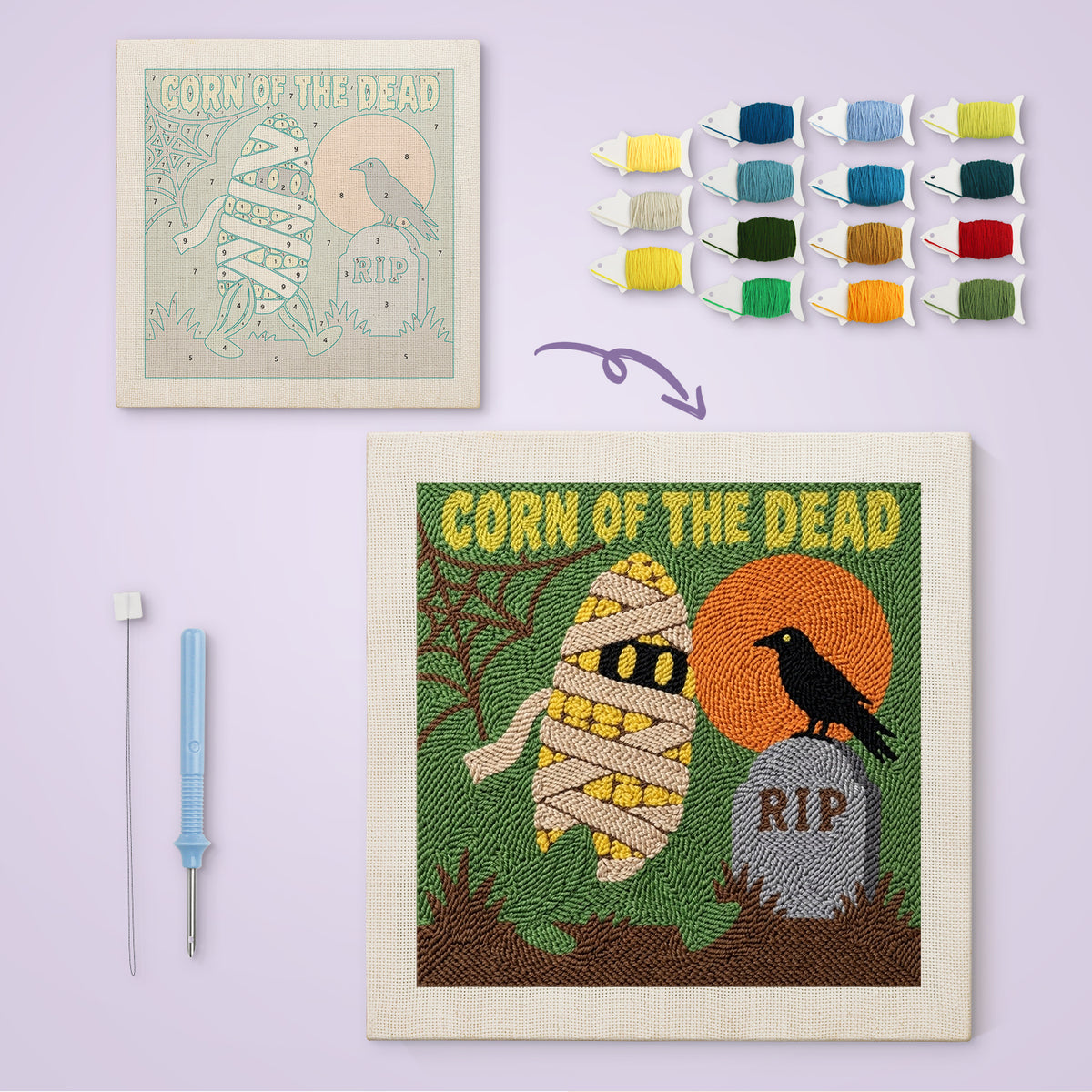 Corn of the Dead canvas before and after punching, with the threads and tools
