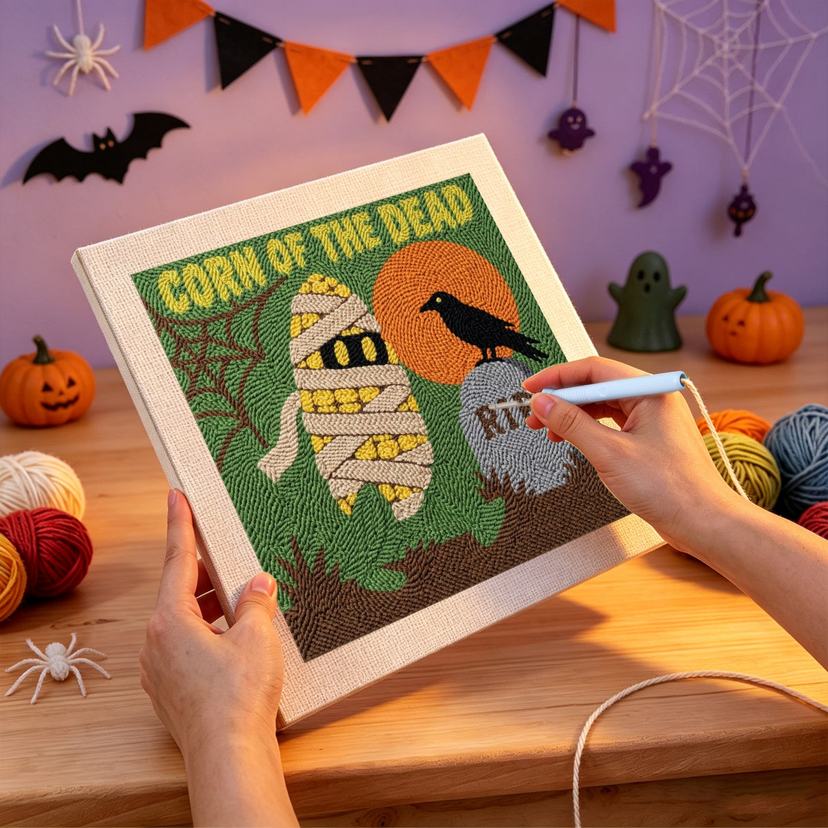 Punching the Corn of the Dead design with the punch needle