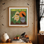 Finished Corn of the Dead punch needle canvas on a wall