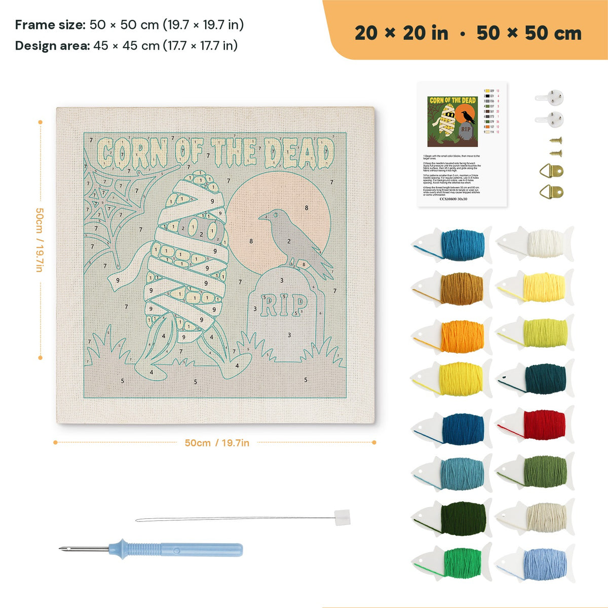 Corn of the Dead punch needle kit, 20 × 20 in (50 × 50 cm): canvas size and kit contents