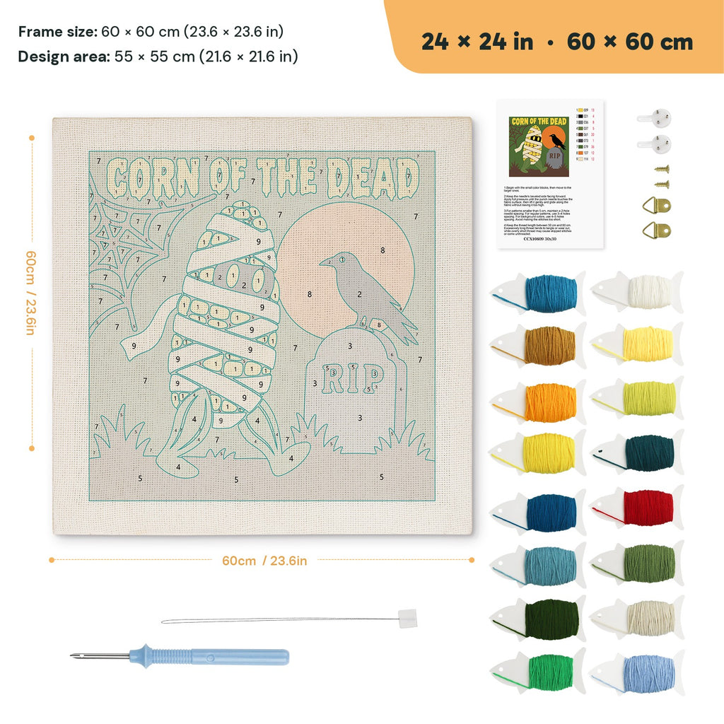 Corn of the Dead punch needle kit, 24 × 24 in (60 × 60 cm): canvas size and kit contents