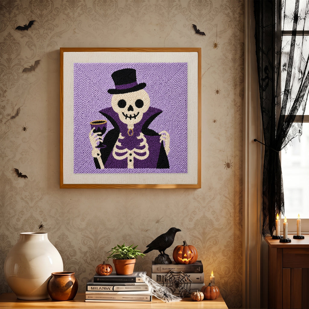 Finished Count Skeleton punch needle canvas on a wall