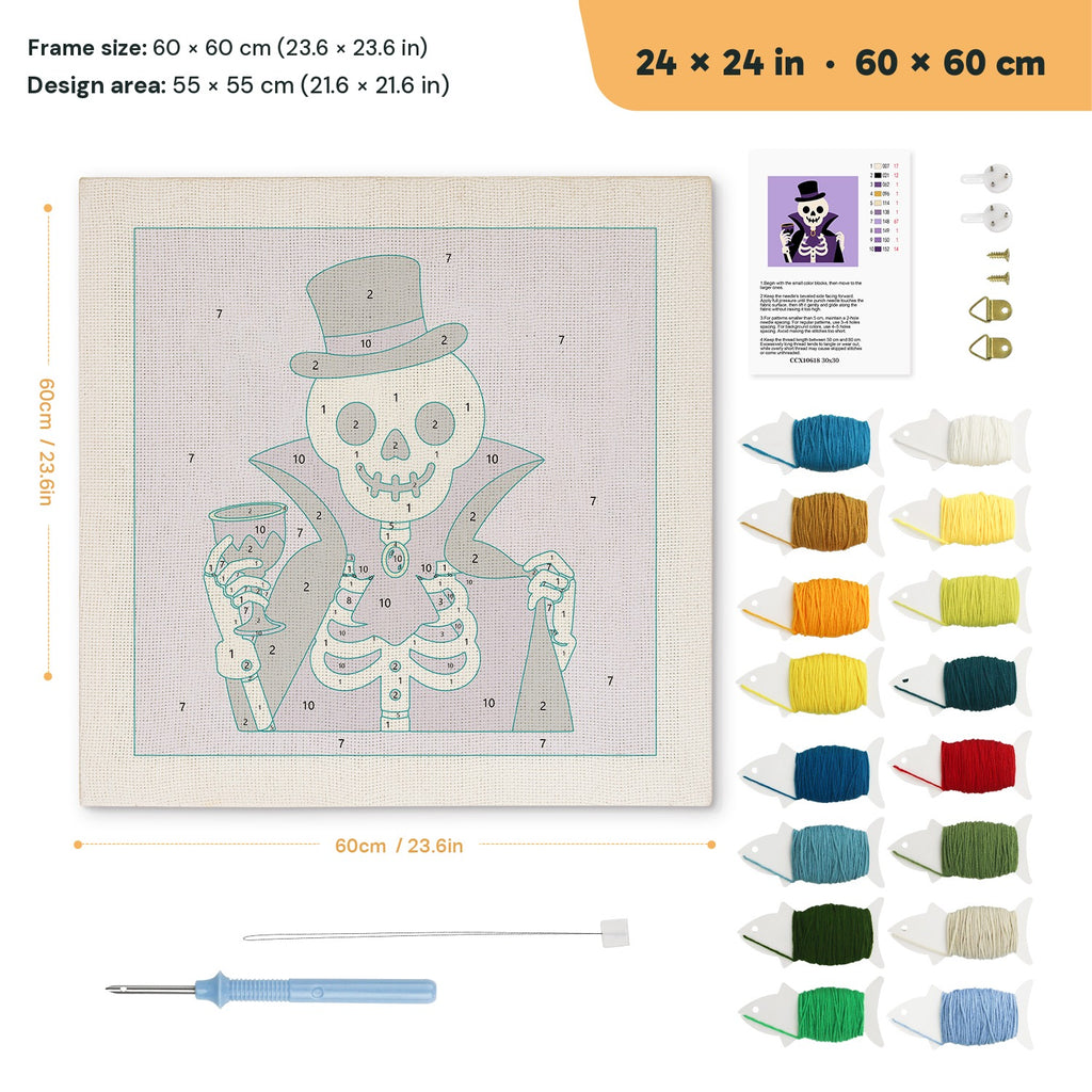 Count Skeleton punch needle kit, 24 × 24 in (60 × 60 cm): canvas size and kit contents