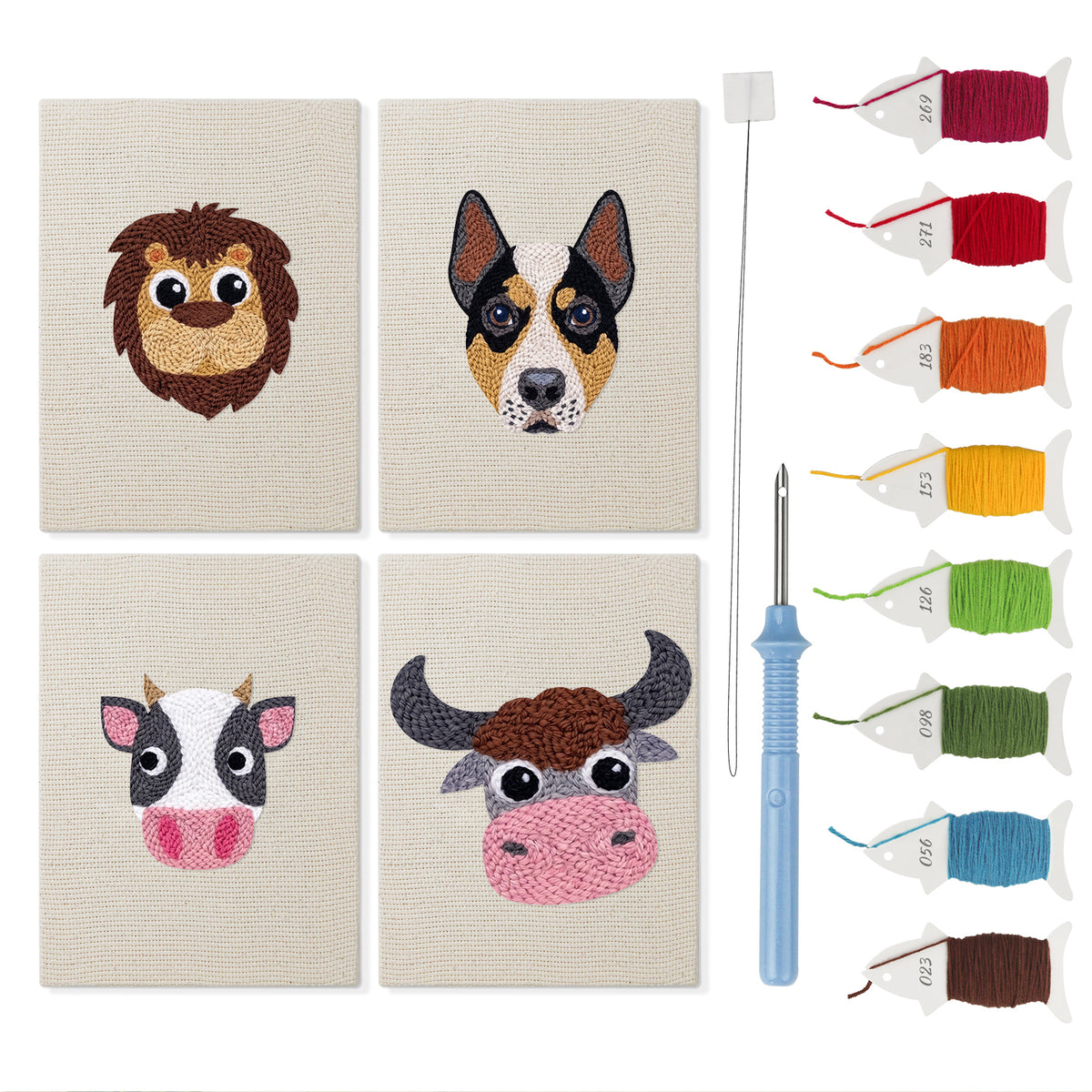 Cow and Buffalo mini punch needle kit set: four finished canvases with threads, punch needle and threader