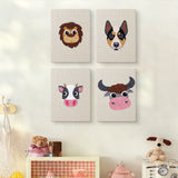 The four Cow and Buffalo mini canvases on a wall above a shelf