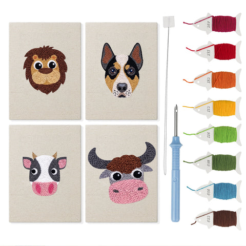 Cow and Buffalo mini punch needle kit set: four finished canvases with threads, punch needle and threader