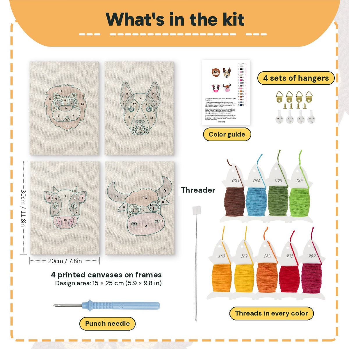 What is in the Cow and Buffalo set, 8 × 12 in (20 × 30 cm) each: 4 printed canvases, punch needle, threader, threads, color guide and 4 sets of hangers