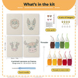 What is in the Cow and Buffalo set, 8 × 12 in (20 × 30 cm) each: 4 printed canvases, punch needle, threader, threads, color guide and 4 sets of hangers
