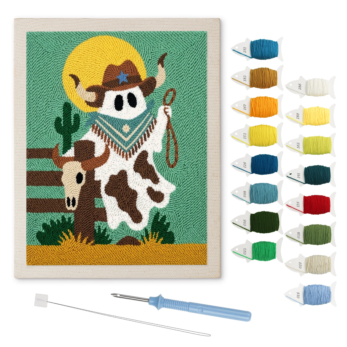 Cowboy Ghost punch needle kit: finished canvas with threads, punch needle and threader
