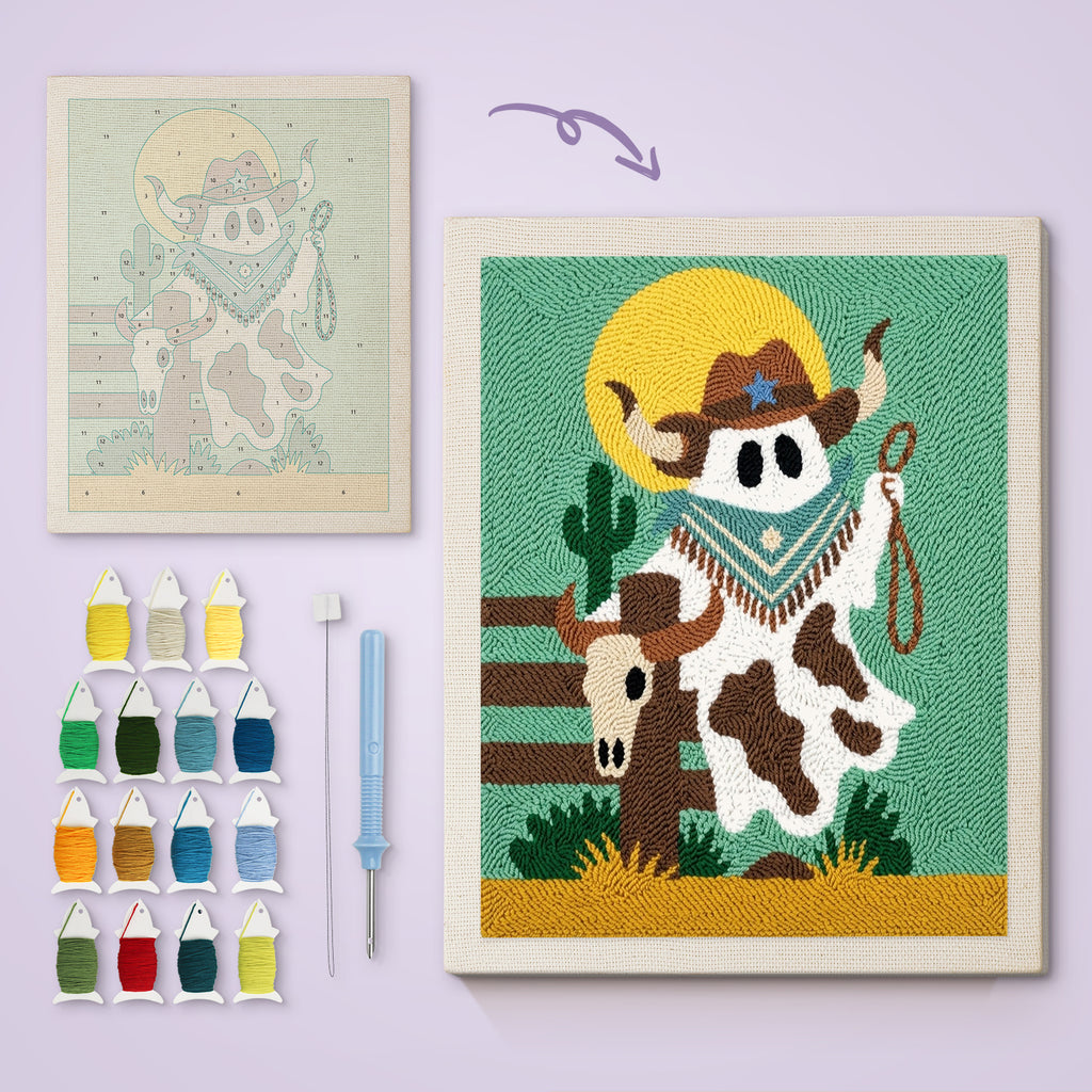 Cowboy Ghost canvas before and after punching, with the threads and tools
