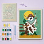 Cowboy Ghost canvas before and after punching, with the threads and tools