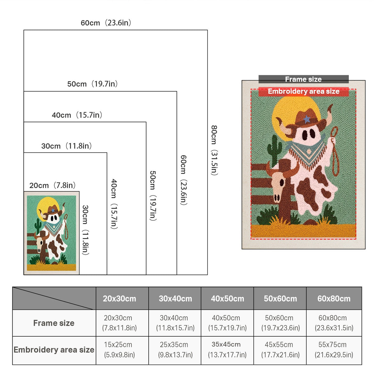 Size chart for punch needle kits from 20 x 30 cm to 60 x 80 cm
