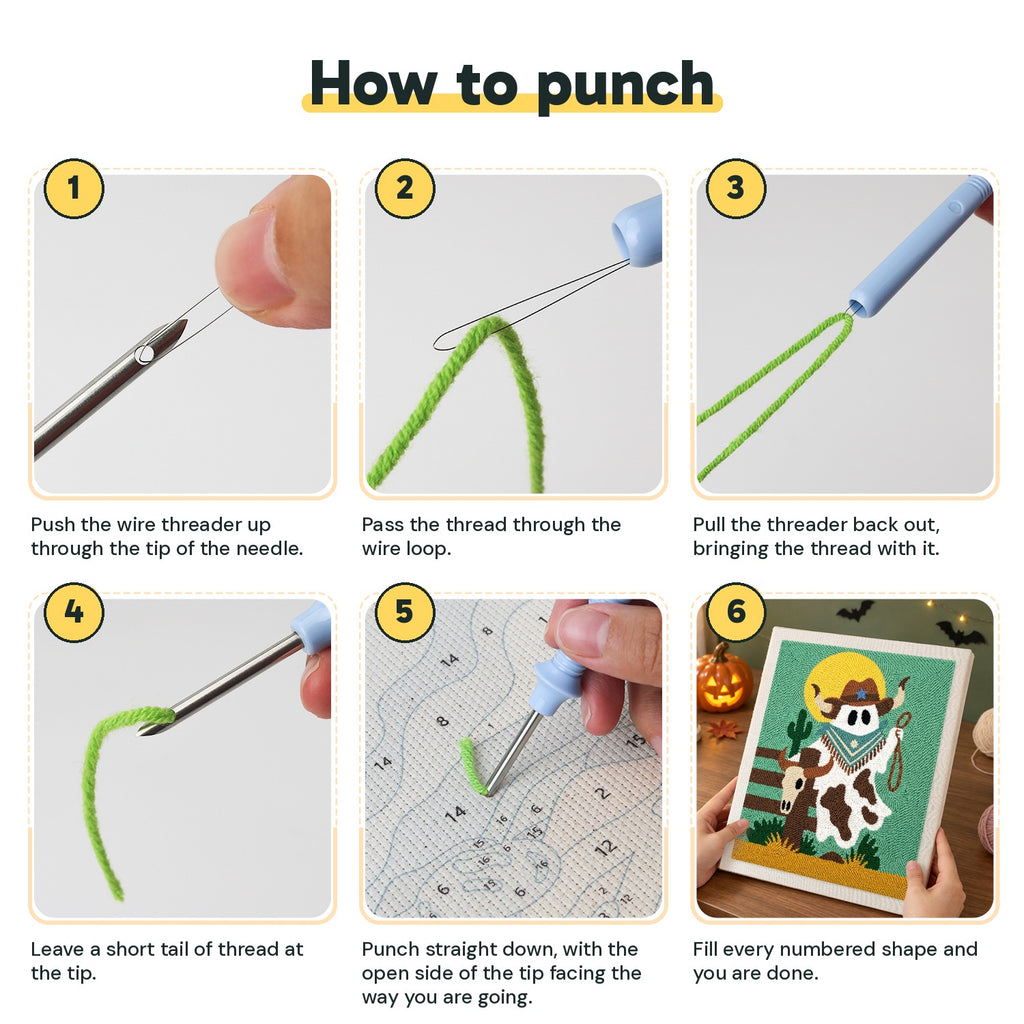 Six steps showing how to thread and use the punch needle