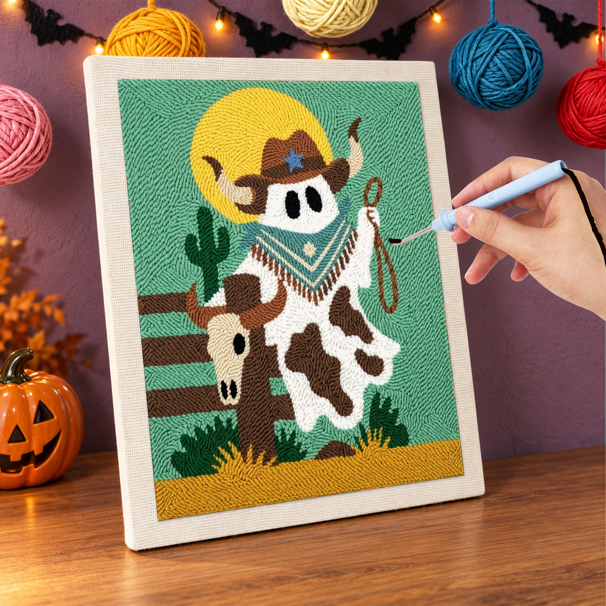 Punching the Cowboy Ghost design with the punch needle