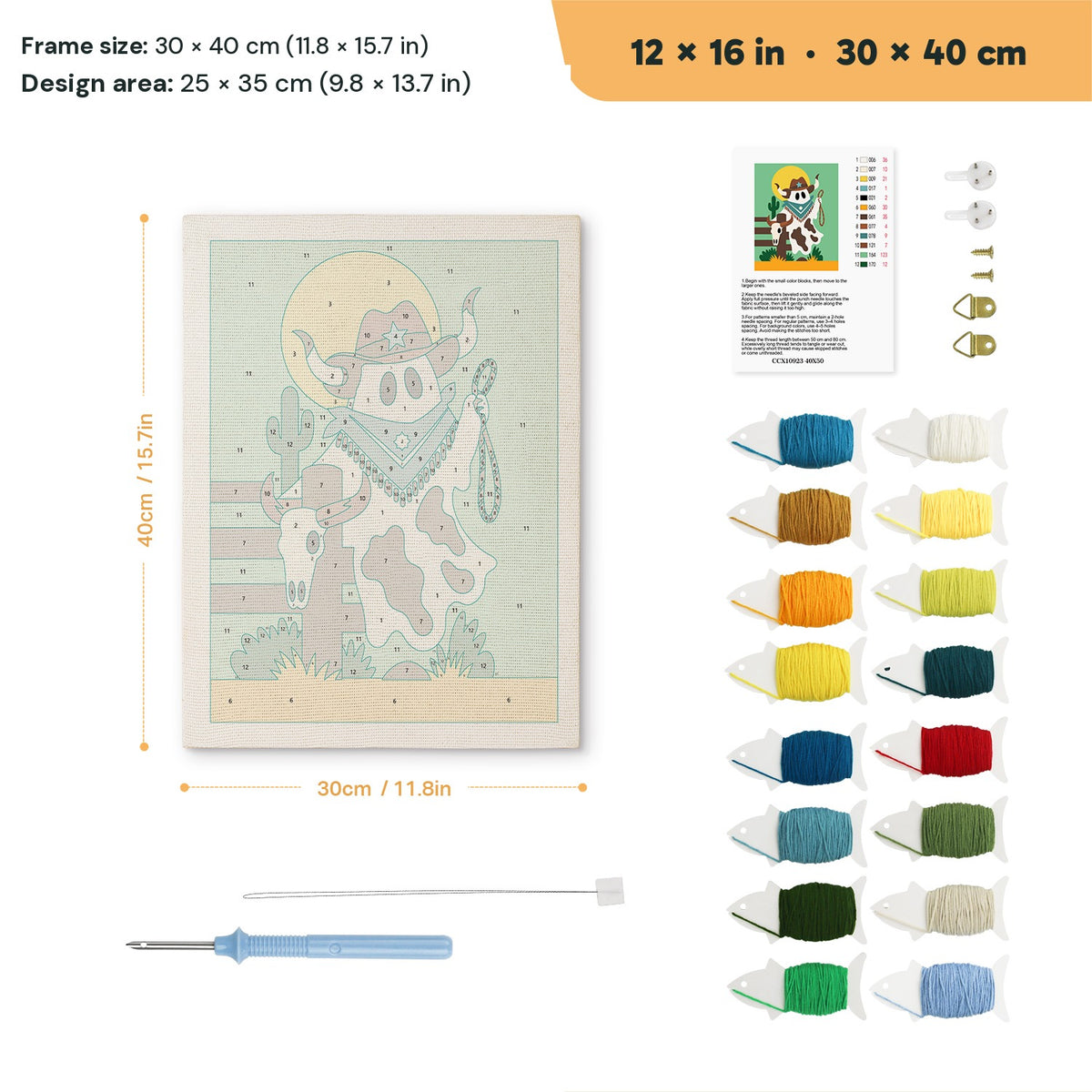 Cowboy Ghost punch needle kit, 12 × 16 in (30 × 40 cm): canvas size and kit contents