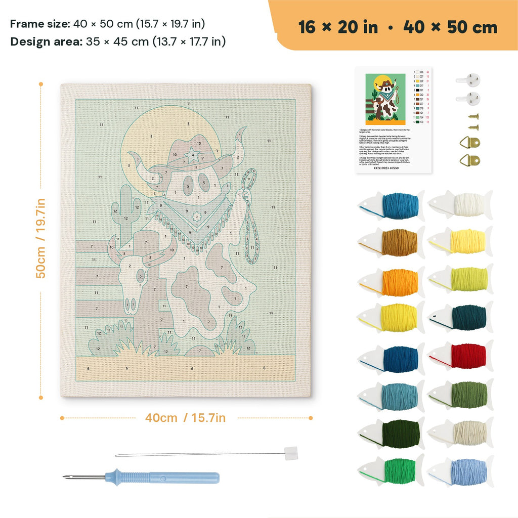 Cowboy Ghost punch needle kit, 16 × 20 in (40 × 50 cm): canvas size and kit contents